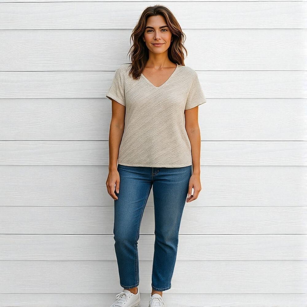 EILEEN FISHER Linen Blend Top Lattice Knit V Neck Sz Med Beige Boho Cottagecore